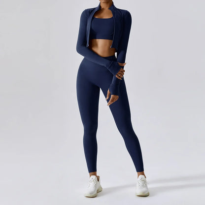 Workout Outfit ActiveWear 3 Pieces Workout Clothes Sports Bra High Waist Gym Leggings Long-Sleeved