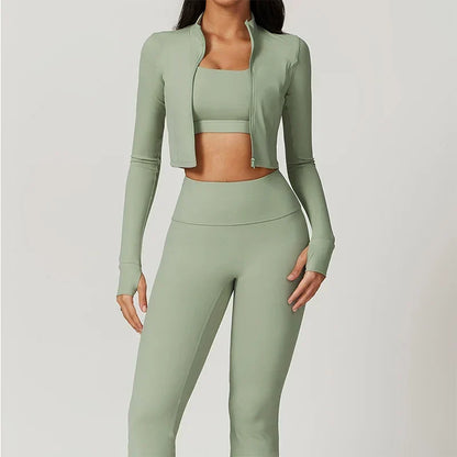 Workout Outfit ActiveWear 3 Pieces Workout Clothes Sports Bra High Waist Gym Leggings Long-Sleeved
