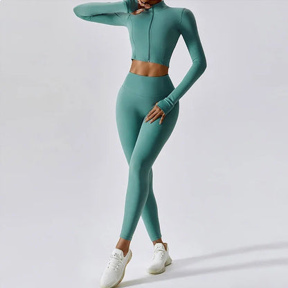 Workout Outfit ActiveWear 3 Pieces Workout Clothes Sports Bra High Waist Gym Leggings Long-Sleeved